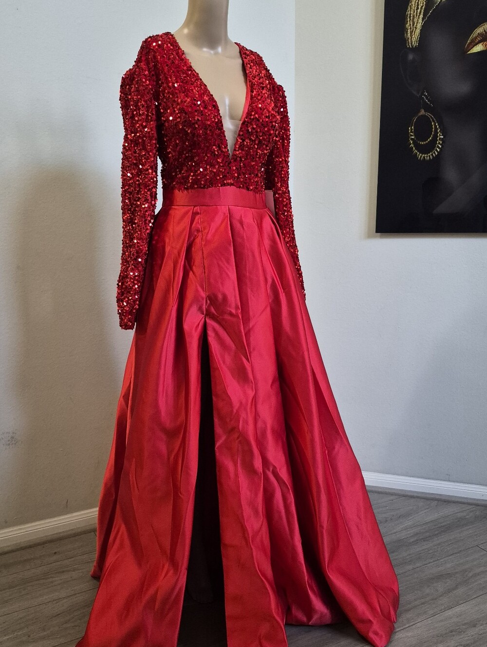 TS COUTURE Elegant Red Sequin & Satin Evening Gown - Deep V, High Slit Size